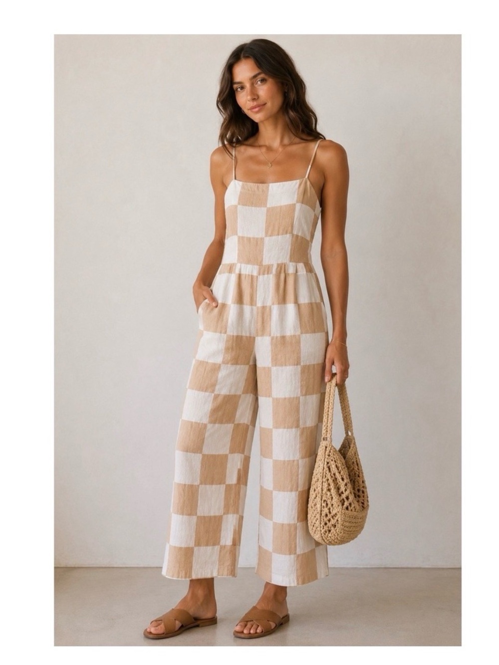 Brixton Checkered gingham Jumpsuit Tan & Cream Adjustable Straps Small Wide Leg